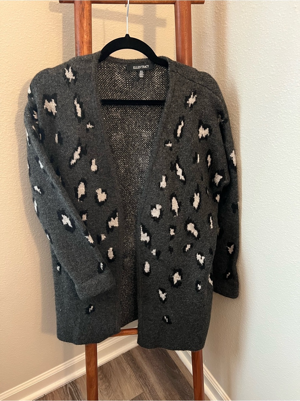 Ellen Tracy Charcoal Open-Front Leopard Print Cardigan